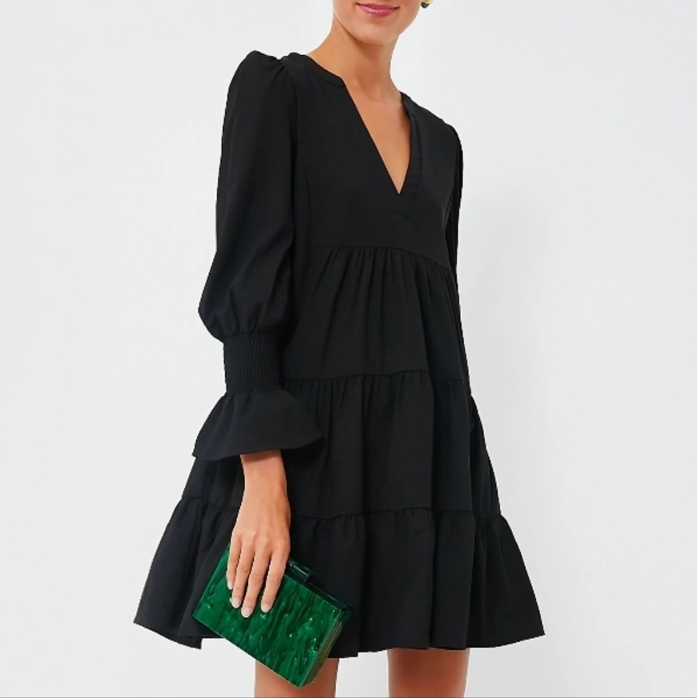 Pomander Place Crepe Kenzo Tiered Smocked Sleeve Midi Dress